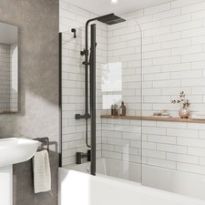 Curved Folding Bath Shower Screen 1000mm Hinged Frame Matt Black Two Panels 6mm