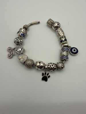 PANDORA S925 Sterling Silver Snake & Barrel Clasp Bracelet, 7.5''  with 19 Charms