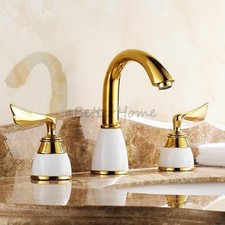 Luxury Polished Gold 3 Hole Bathroom Faucet Dual Handle Sink Hot Cold Mixer Tap