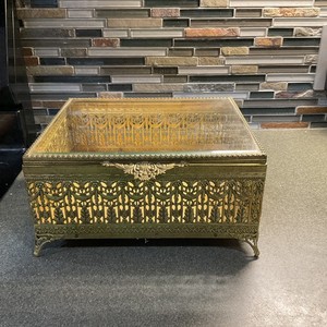 Authentic Large Vtg. Globe Filigree/Beveled Glass Jewelry Box 24 kt Gold Plated