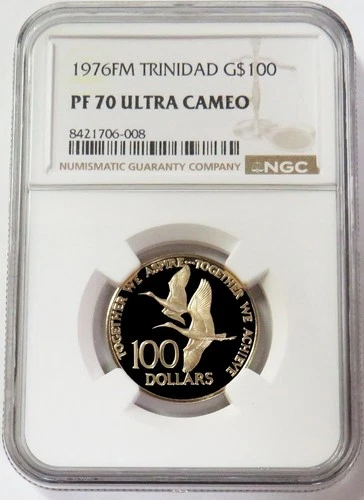 1976 FM GOLD TRINIDAD $100 FLYING BIRDS NGC PF 70 ULTRA CAMEO