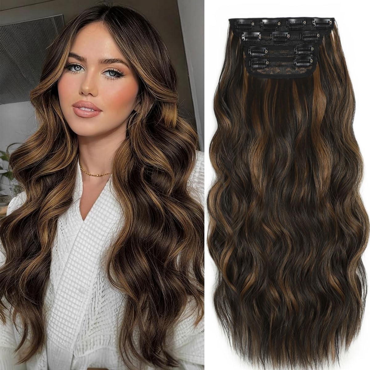 Balayage Clip In Hair Extensions Long Wavy 4PCS Highlight Curly Hair Extensio...
