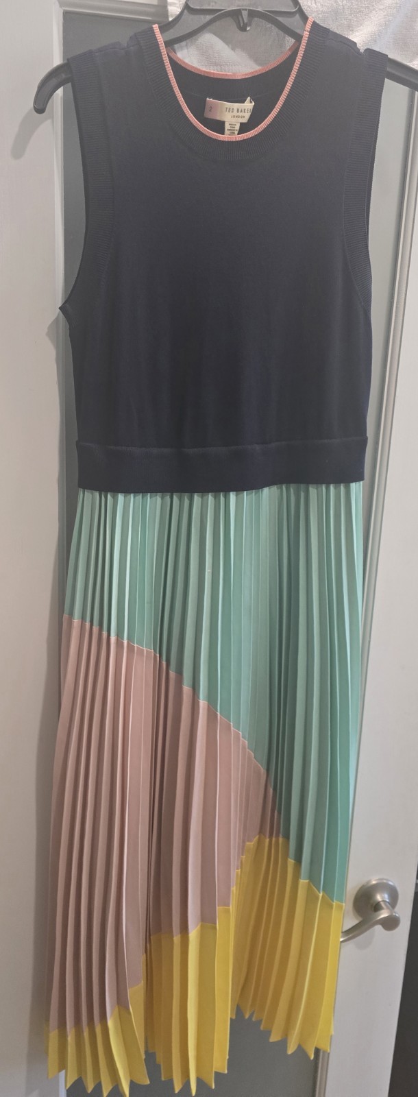 Ted Baker Blue &Pink Top+ Colorblock Accordion Pleat Midi dress, Fit&Flare, Sz 2