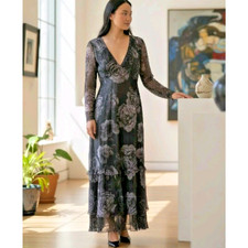 Komarov Crinkle Floral Dress Size L Purple Gray Tiered Ruffles Fairy Flowy USA