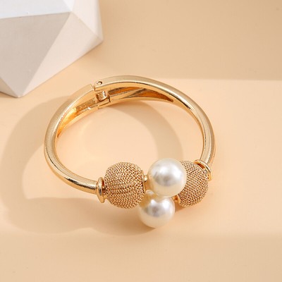 Pearl Gold Color Cuff Bracelets Bangles Open Adjustable for Women Trendy Bang:J~