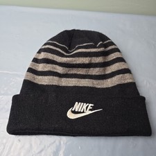 Nike Beanie Youth One Size Black Gray Striped Knit Swoosh 100 Acrylic Logo
