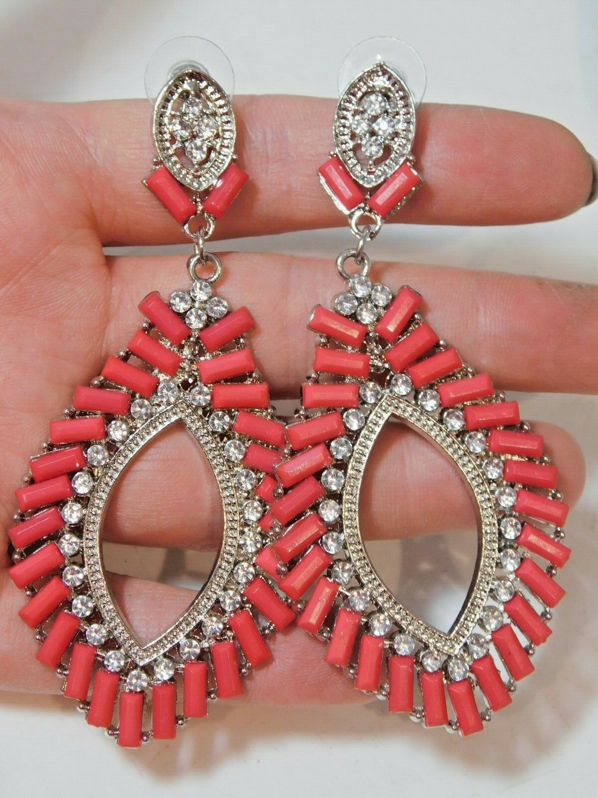 Huge Red Silver Tone Leaf Designed Rhinestone Dan… - image 1