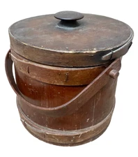 Vintage Wooden Firkin Bucket Antique with Lid Handmade Primitive HELP ? Long Vue
