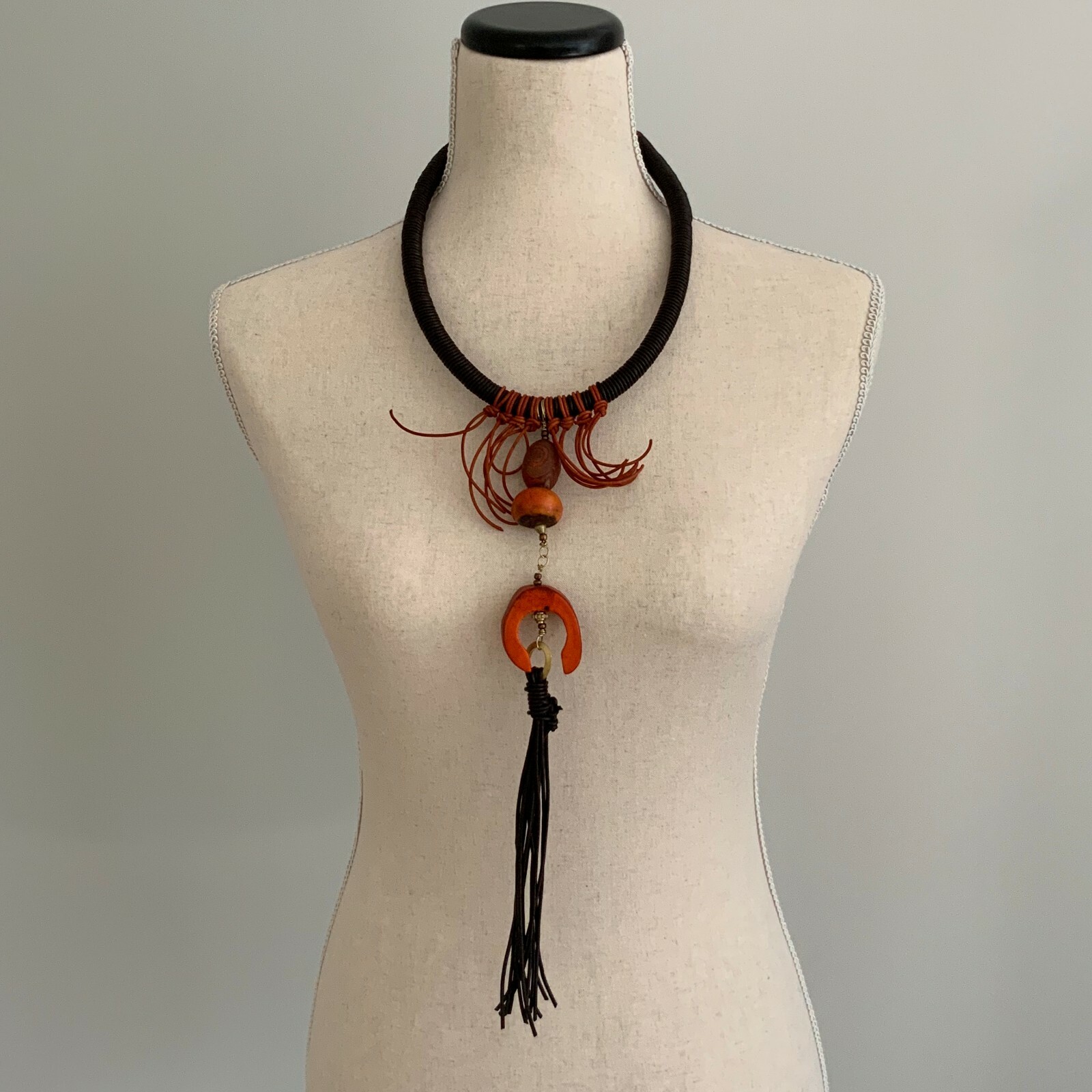 Long Runway Statement Boho Chic Brown Orange Leat… - image 6