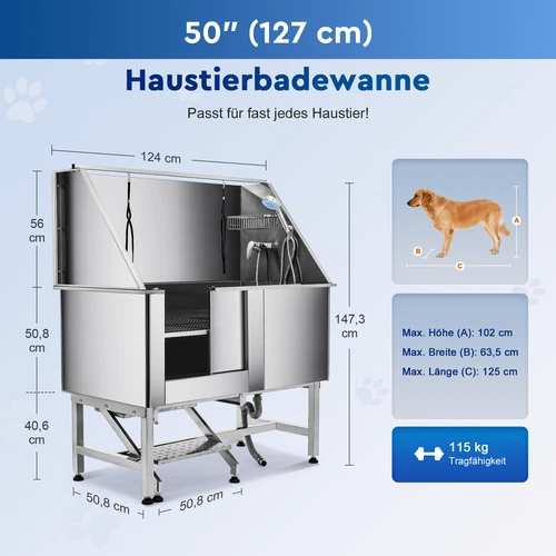 CO-Z 127cm Hunde Badewanne aus Edelstahl Haustiere Pflege Dusche Tierbadewanne - Bild 15 von 29