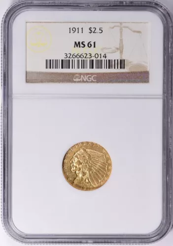 1911 INDIAN HEAD $2.5 QUARTER EAGLE GOLD NGC MS61