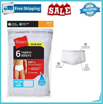 Hanes Briefs 6-Pack Men's Tagless Underwear White Comfort Soft Waistband Wicking