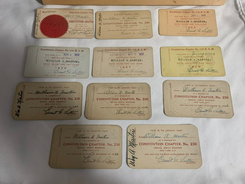 Royal Arch Masons - Constitution Chapter No. 230 New York - Dues cards 1922-1934