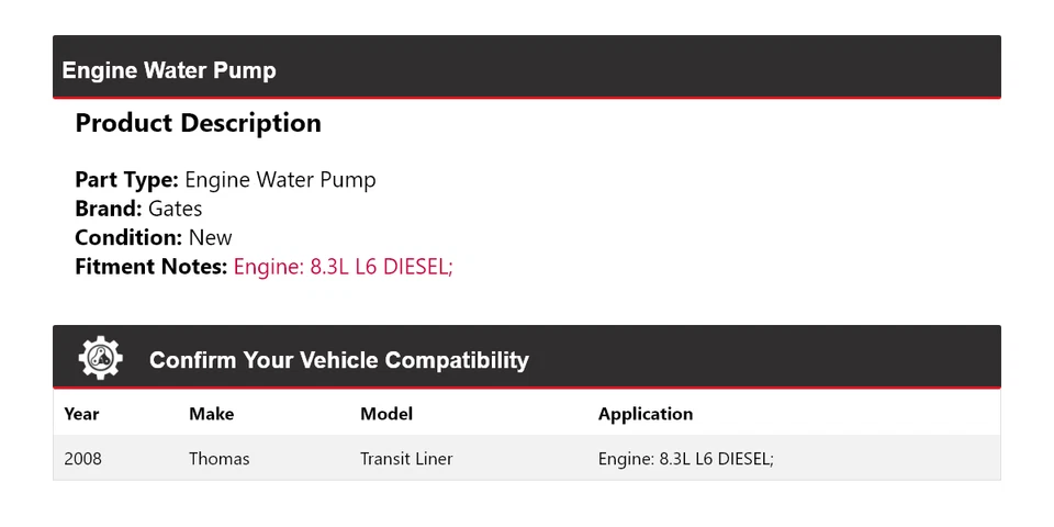 Para Thomas Transit Liner 2008 8,3 L L6 motor diésel bomba de agua puertas Foto 2 de 4