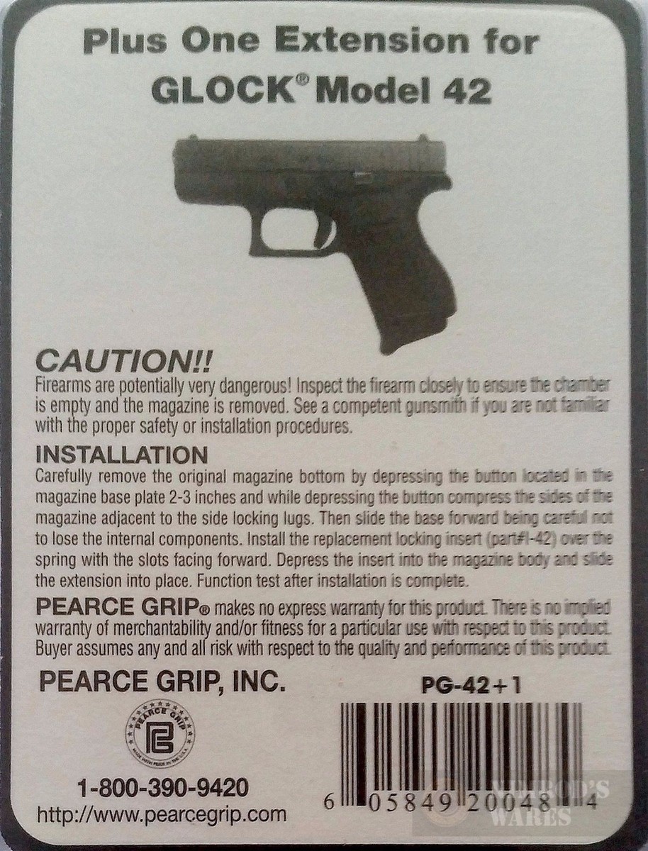 Pearce Grip GLOCK 42 Plus 1 Grip EXTENSION PG-42+1 FAST SHIP
