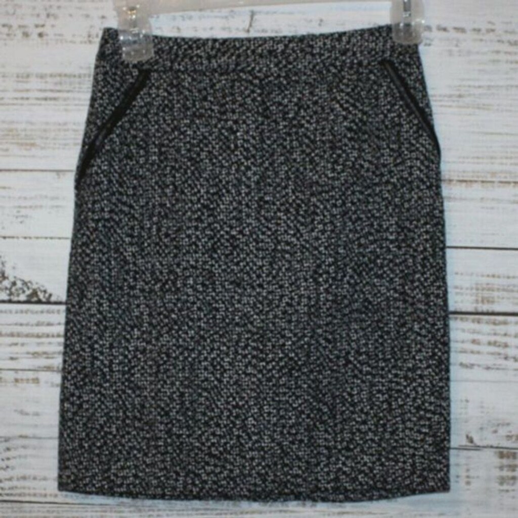 Amanda Chelsea Black White Tweed Faux Leather Pocket Skirt Size 0