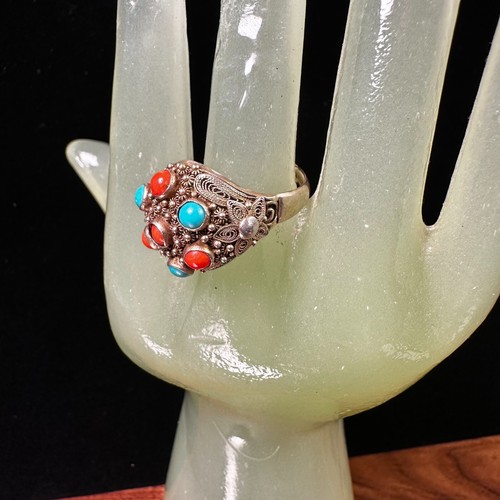 Vintage Women's Sterling Silver Coral Turquoise Ring 9 Adjusts Filigree Southwes