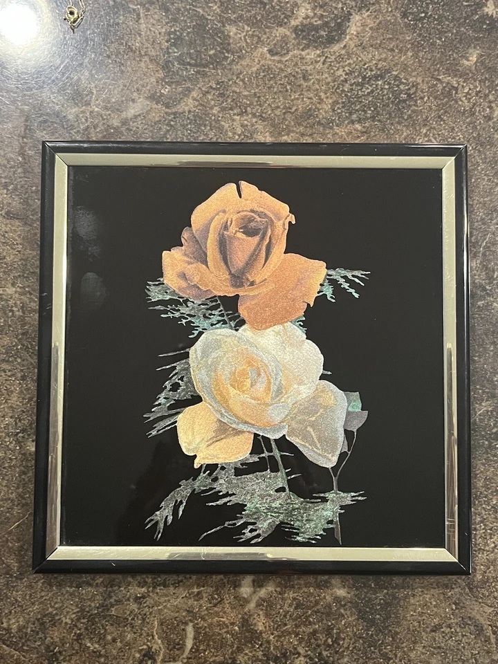 Vintage Kafka Screened HAND ETCHED Glass 6" Picture ROSES numbered USA - Image 4 of 4