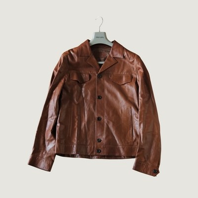 Prada Leather Jacket Mens Brown Button Front Luxury Minimalist 50 Made in Italy
