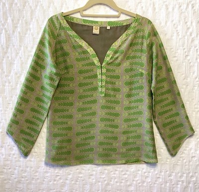 Herion Top Split Neck Long Sleeve Tunic Blouse Cotton Silk Sz 40 Medium Italy