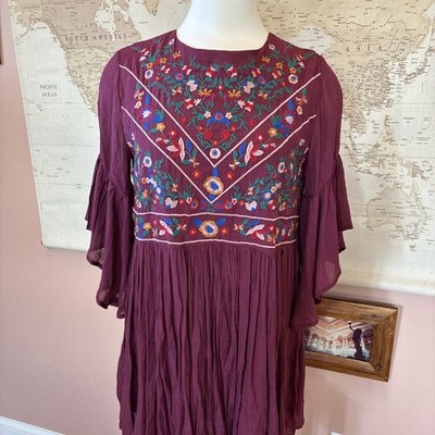 Embroidered Floral Colorful Peasant Boho Mini Dress Tunic Wine Red Purple Small