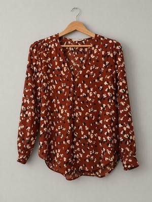 Lush Blouse Womens Medium Brown Black Cream Abstract Print V Neck
