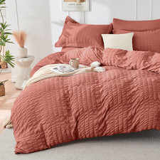Coral Red Duvet Cover Queen Size, Ultra Soft 3-Piece Seersucker Duvet Cover Set