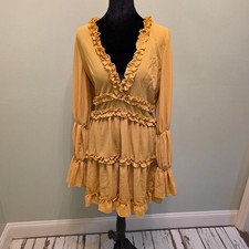 New with Tags Boohoo Mustard  Ruffle V-Neck Long Sleeve Skater Mini Dress US 10