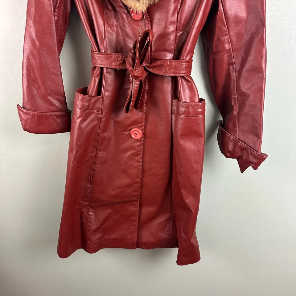 复古 60 年代 70 年代女式 S\M? 皮革风衣正品狐狸毛领腰带 — 第 3/4 张图片