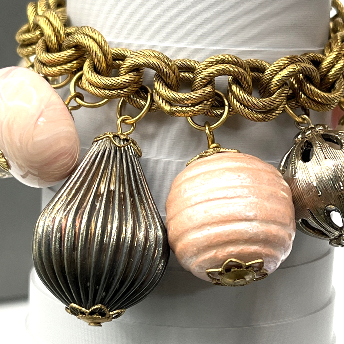 John Wind Maximal Art Charm Bracelet Pink Lucite Charms Gold 