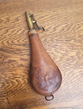 Antique Leather & Brass Shot Powder Flask Embossed Hunting Scene