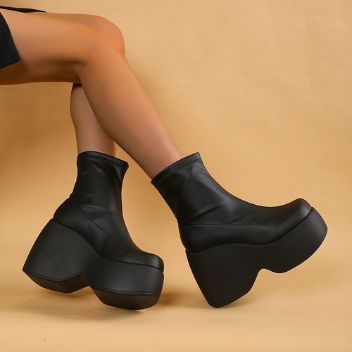 Womens Chelsea Boots Ankle Booties Platform Chunky Heels Round Toe Slip On Boots - Picture 2 of 7