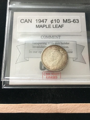 1947  Maple Leaf  Coin Mart Graded Canadian,  10  Cent, **MS-63**