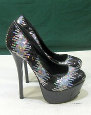 Black/Silver Sequins 6"High Heel 2"Platform Round Toe Shoes WOMEN Size 5