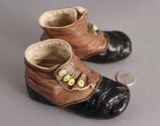 Antique High-Top 2-Tone Brown, Black Leather Button-Up Shoes f/ Doll or Child