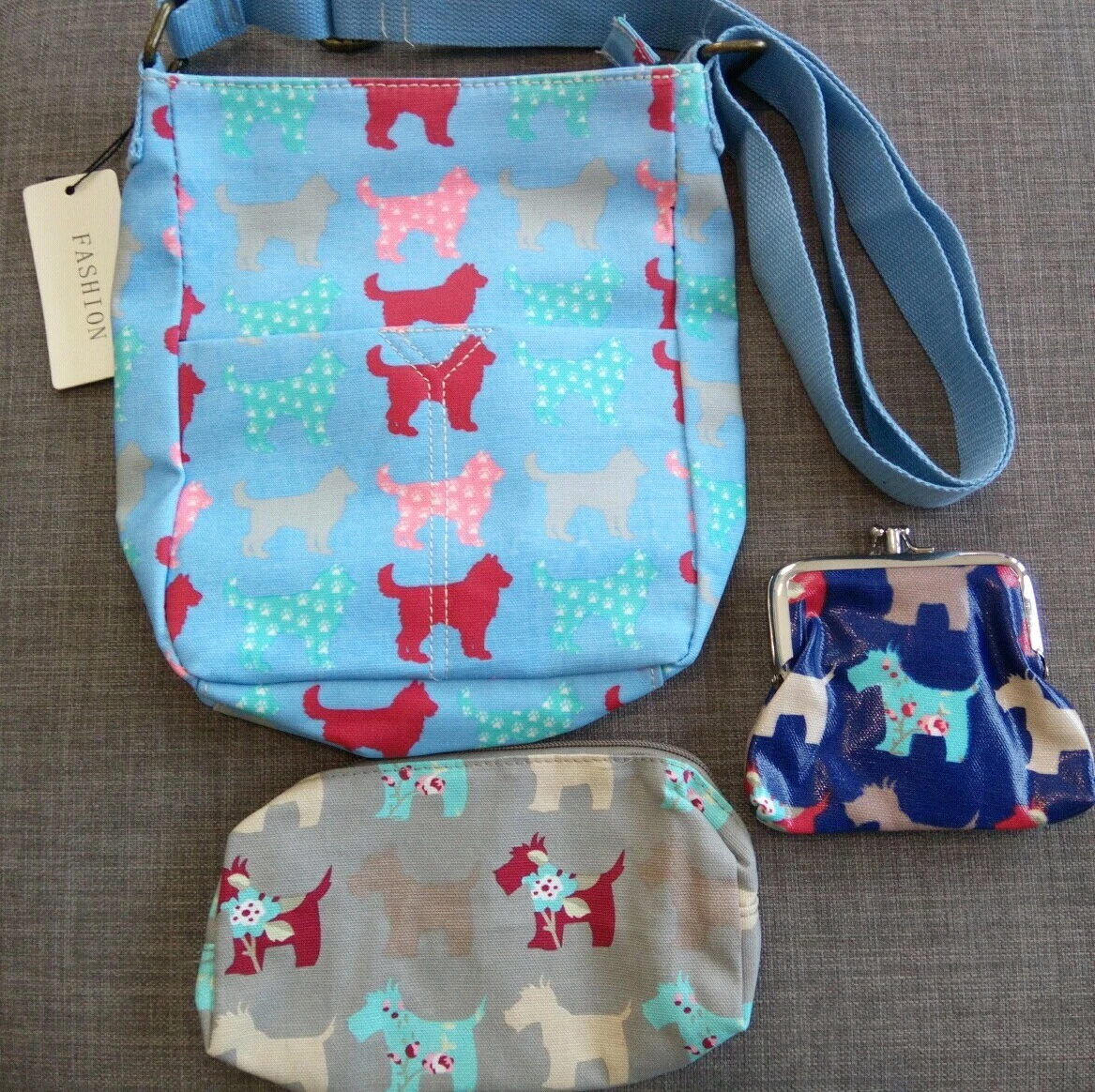 Dog Oil Cloth Bag Purse Pencil Case Messenger Makeup School blue set job lot