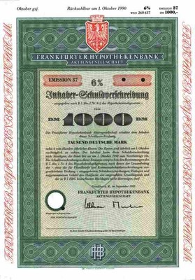 Frankfurter Hypothekenbank Ag 1985 Frankfurt Main Eurohypo Lubeck 1000 Dm Deko Ebay