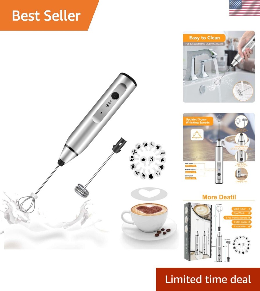 Milk Frother Handheld, Rechargeable Whisk Drink Mixer for Coffee with Art Ste...