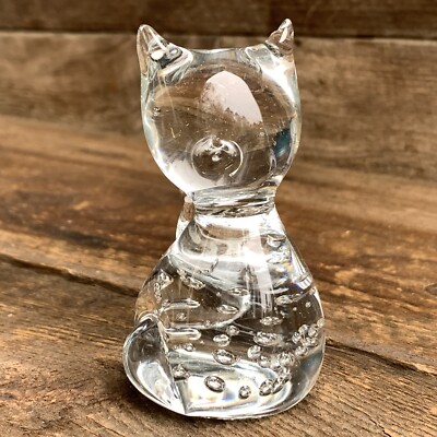 Cat Figurine Glass Paperweight Clear Controlled Bubble 3  Tall