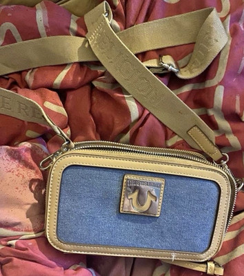 True Religion Denim Crossbody Bag Logo Accent Blue Beige Adjustable Strap Women