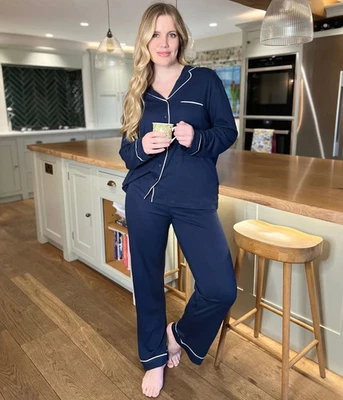 Ex M&S Pyjama Set Women's Navy Cotton Modal Elastic Waist Button Front Sleepwear - Image 1 of 4