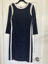 Lauren Ralph Lauren LRL Navy Bodycon Pencil White Contrast Midi Dress Ruching 16