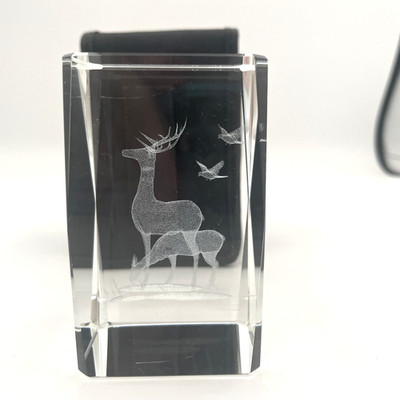 Crystal Glass Paperweight Lazer Etched 3D - Buck & Doe Deer Glazing Flying Birds