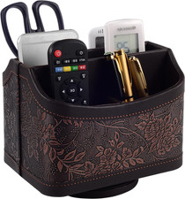 Antique Leather Remote Control Holder 360 Degree Spinning,Desk Rotating Organize