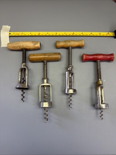 Lot Of 4 - Vintage Open Frame Spring Assisted Wood Handled Corkscrews #182