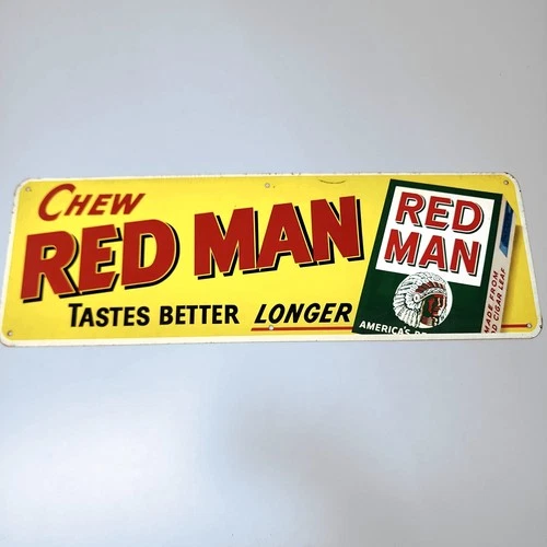 Red Man Chewing Tobacco Sign Vintage 1950s 15" Metal Gas Station Advertising⭐