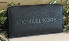 MICHAEL KORS COOPER TECH ZIP CONTINENTAL MK LARGE WALLET BLACK LEATHER SILVER