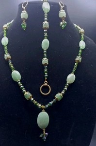 Handcrafted Jewelry Set Green Aventurine &Fire Polished Crystals Gold Tone23"&9"