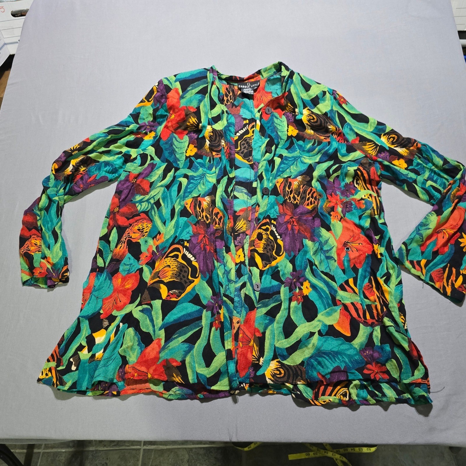 vintage Carole Little Tropical Floral Rayon Button Blouse Women 12 wear art