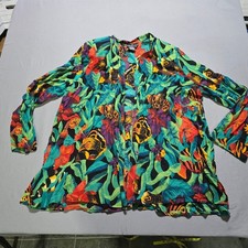 vintage Carole Little Tropical Floral Rayon Button Blouse Women 12 wear art